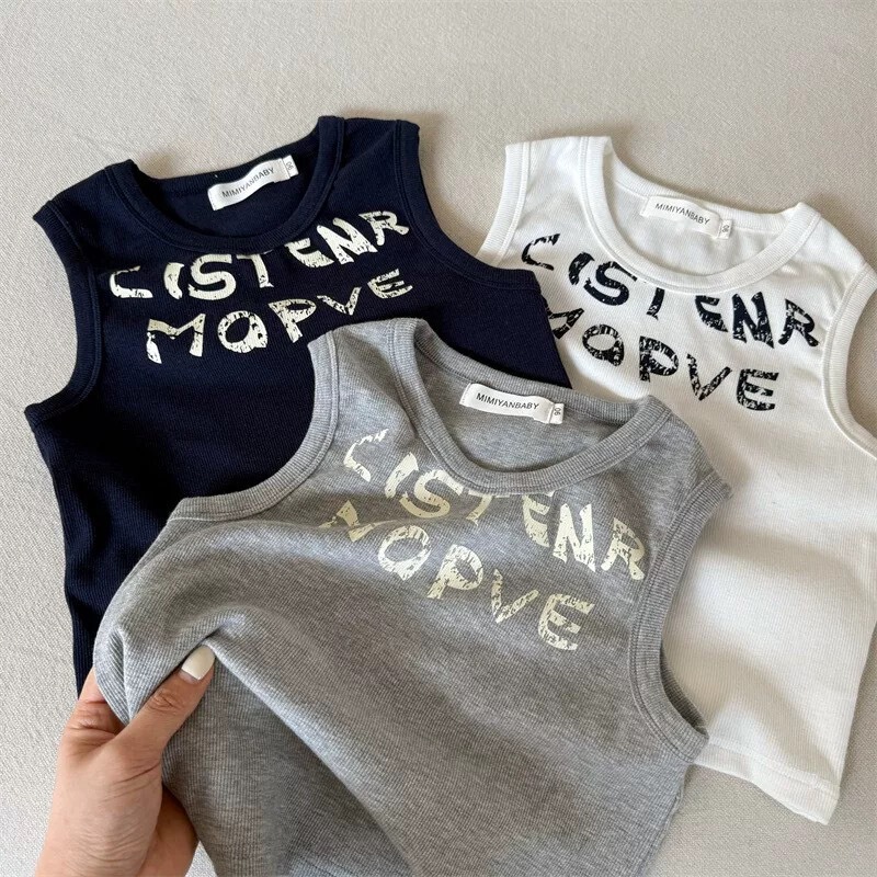 Children's Vest 2026 Summer Japanese Style Ribbed Letter T-Shirt for Boys and Girls, Stylish Elastic Sleeveless T-Shirt for Toddlers