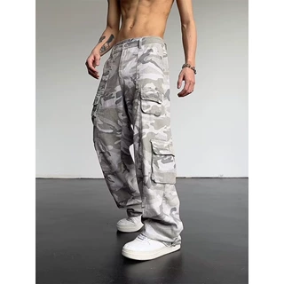 秋季新款灰色迷彩工装裤男女hiphop美式高街多口袋宽松直筒运动裤