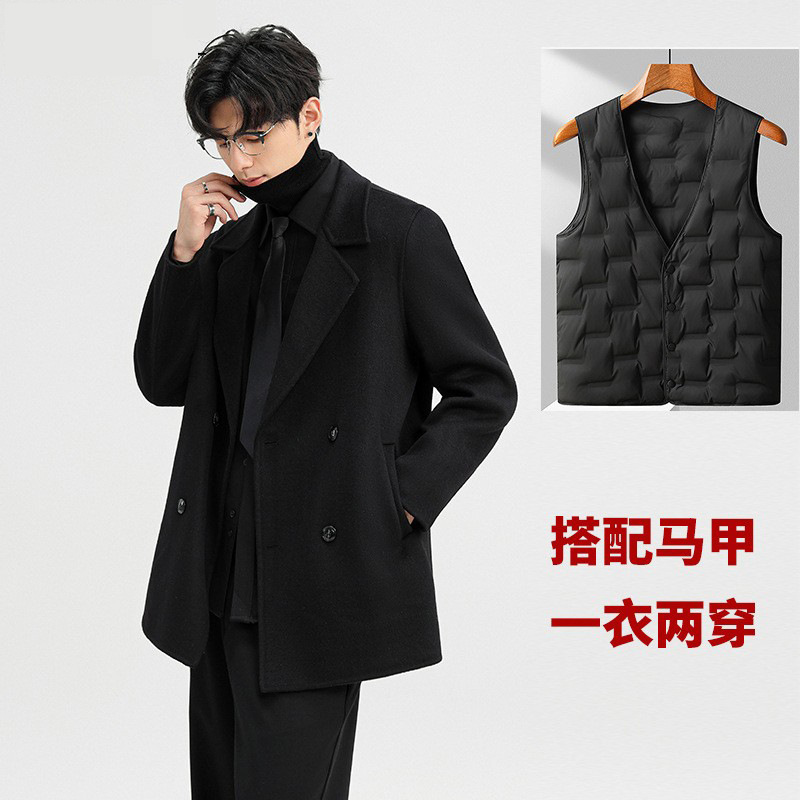 Autumn and Winter Men's Handmade Double-Sided Wool Coat with Double-Breasted Detachable down Lining Wool Coat Men's Outerwear