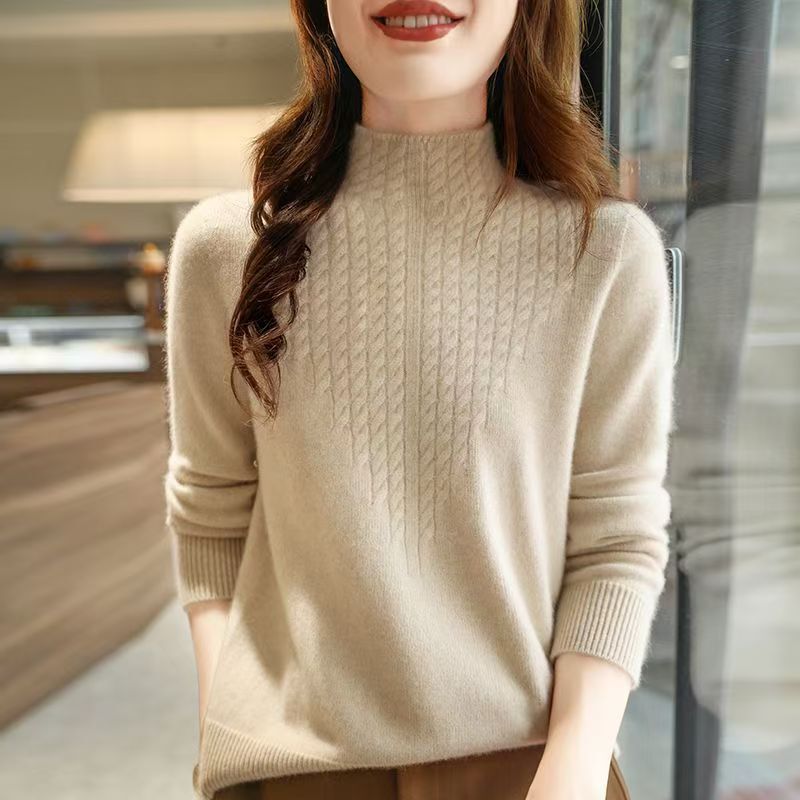 2026 Autumn/Winter New Women's Wool Sweater, Half-Turtleneck, Loose Thick Cable Knit, Slimming Base Layer Knitted Sweater 2026 Autumn/Winter New Women's Wool Sweater, Half-Turtleneck, Loose Thick Cable Knit, Slimming Base Layer Knitted Sweater