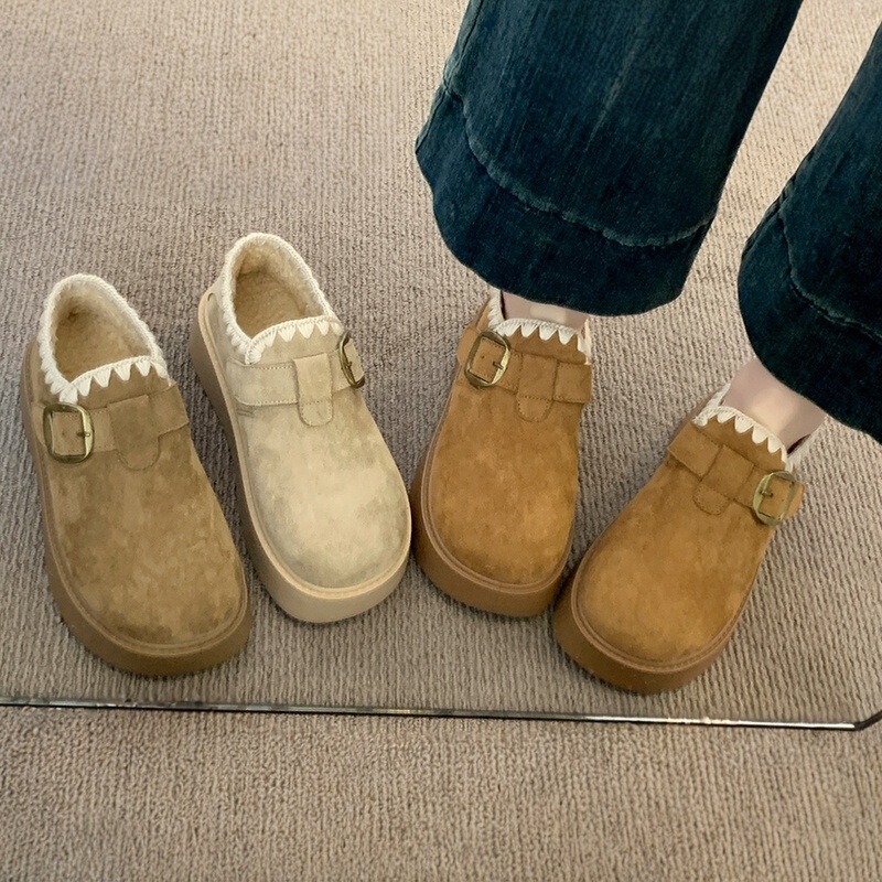 Thick-Soled Fleece-Lined Birkenstock Shoes for Women 2025 New Autumn and Winter Doudou Loafers Warm Snow Boots Low-Cut Cotton Shoes