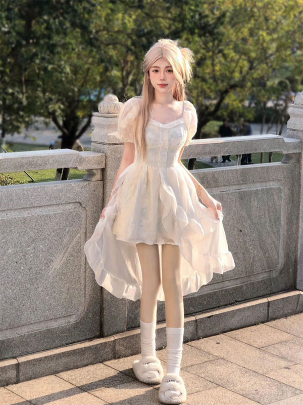 Korean Design Sense Heavy Industry Irregular Front Short Rear Long Skirt Summer Waist Super Fairy Slimming Princess Skirt Female Student