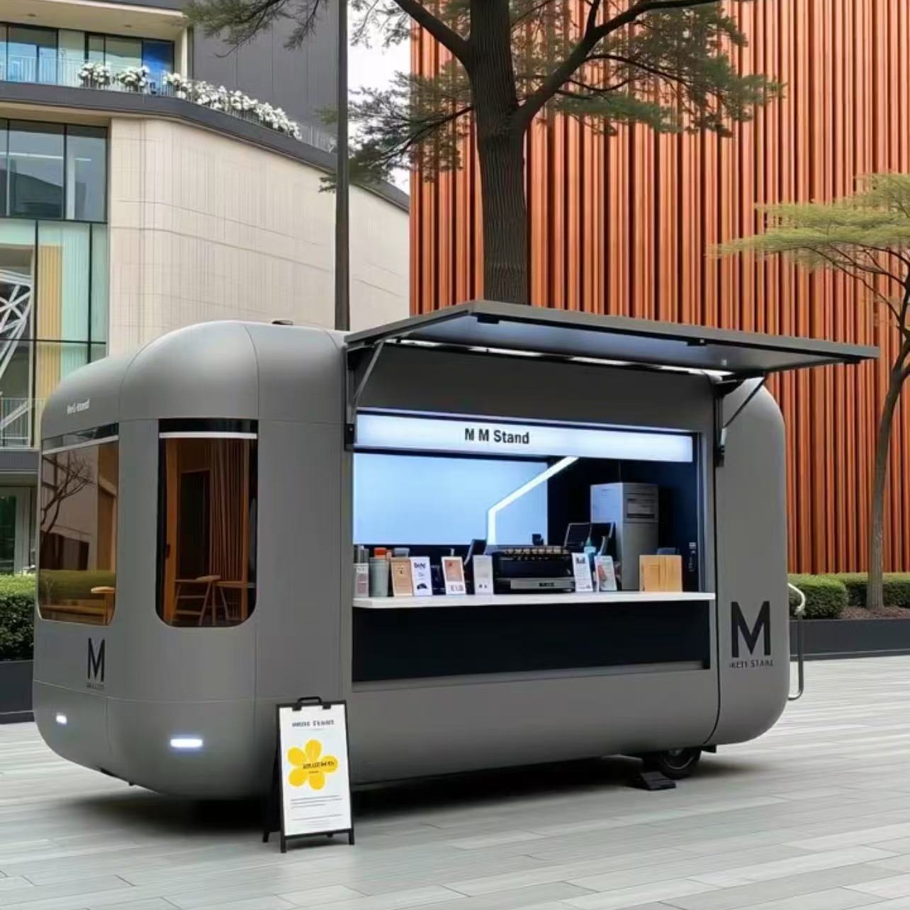 Yuncang café, té con leche, comida comercial, punto escénico móvil, carro eléctrico de bocadillos de cuatro ruedas, carro eléctrico de restaurante de cabina