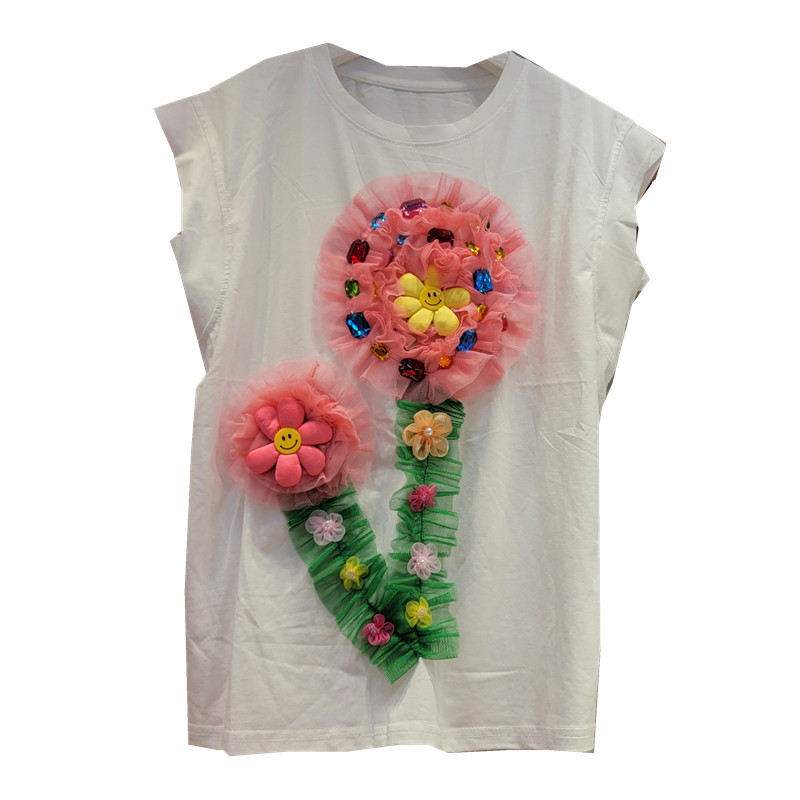 Tailandia marca de moda 2023 verano nueva moda industria pesada cuentas tridimensional malla flor superior suelta Camiseta de manga corta de las mujeres