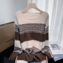 实拍 秋冬新款慵懒风条纹毛衣宽松针织衫显瘦上衣女