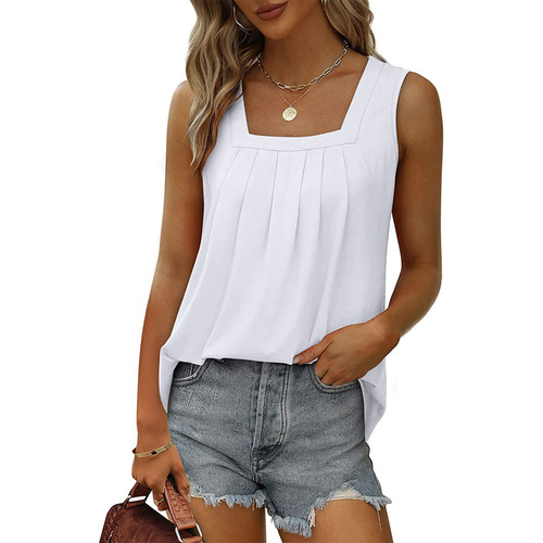 2024 Hot-selling Sleeveless Square-Neck Vest T-shirt for Women, Solid Color Pleated Fishtail Strappy Fashionable Bottoming Top