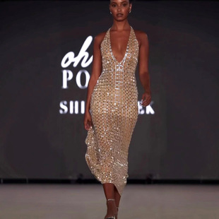 European and American Amazon Women's Fashion New Sexy Backless Rhinestone Strap Bodycon Dress with Deep V-Neck