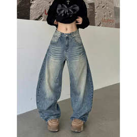 弯刀牛仔裤2025春秋新款高腰显瘦直筒弯刀欧美新款高街做旧水洗潮