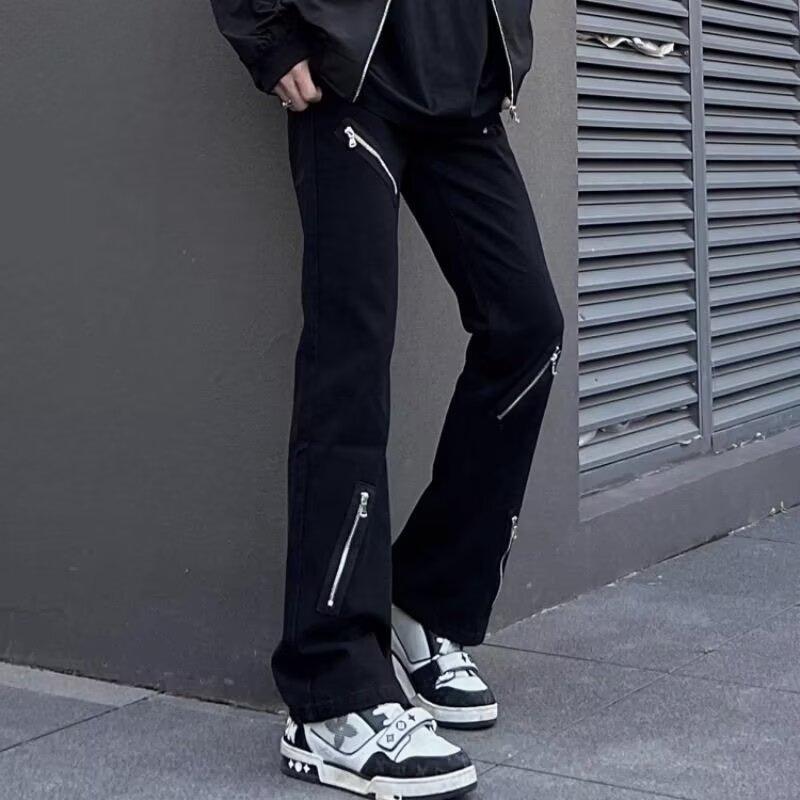 Dark Loose Micro-horn Black Jeans Multi-zipper Design Sense Men's and Women's Pants American-style High Street Vibe Style