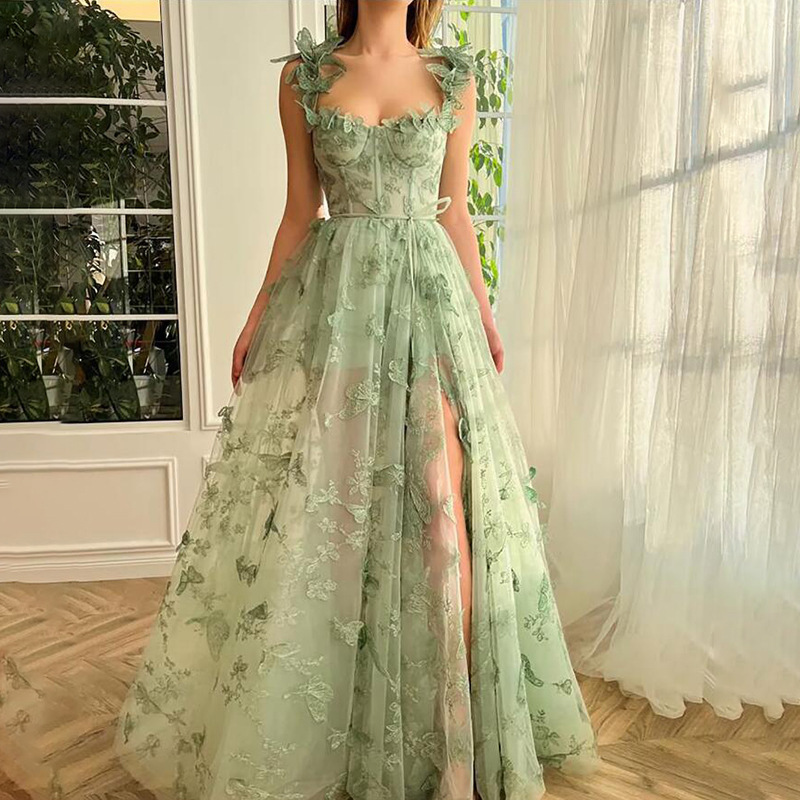 Bridesmaid's Dress Sling AliExpress Cross-border Mori Split Elegant Sexy Evening Dress Flower Lace Gauze Dress