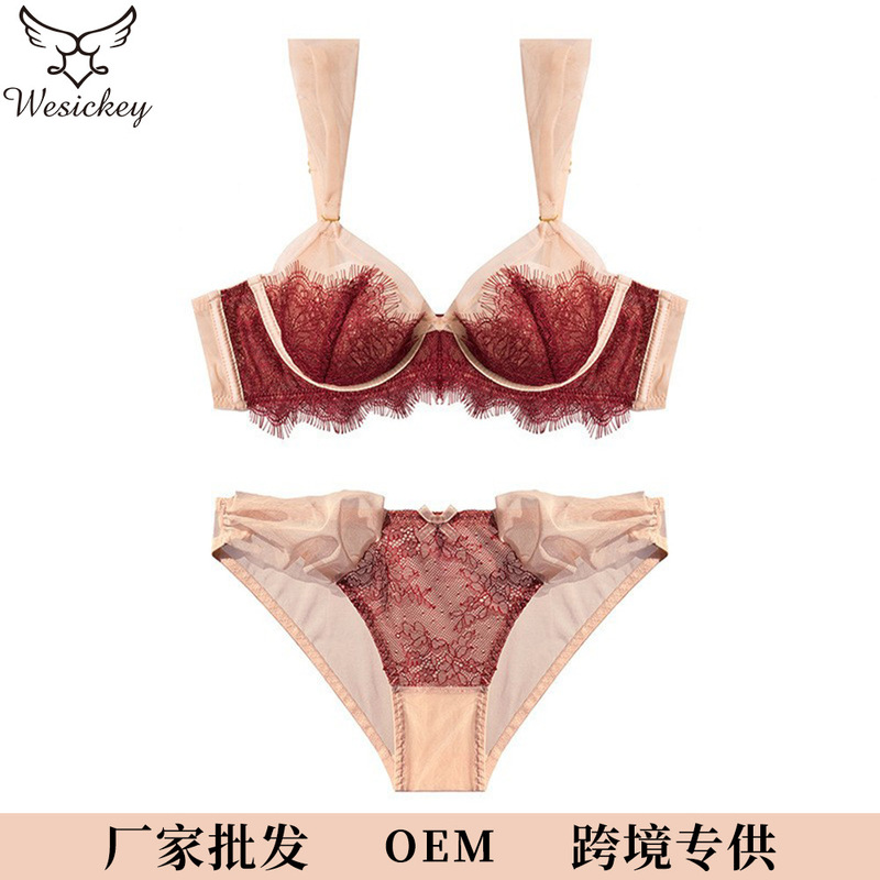 Cross-Border Sexy Lingerie for Women, French-Style Ultra-Thin Lace Plus-Size Lingerie, Large Bust Minimizing Anti-Sagging Lift-Up Bra Set