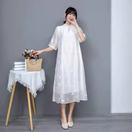 New Chinoiserie Buckle Embroidered Cotton and Linen Improved Cheongsam Dress Women's Summer Large Size Fat mm Loose Skirt