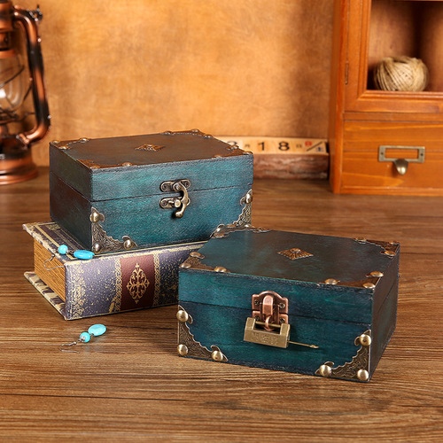 Foreign trade lockable plywood wooden box retro storage box jewelry necklace box photography prop box packaging box