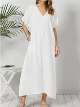 速卖通wish 2021夏季外贸女装大码宽松V领长款白色短袖棉麻连衣裙