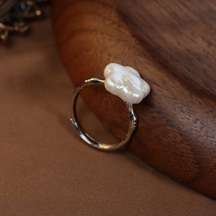 Flower Baroque Natural Freshwater Pearl Ring S925 Whole Body Sterling Silver Opening Adjustable Size Jewelry Wholesale