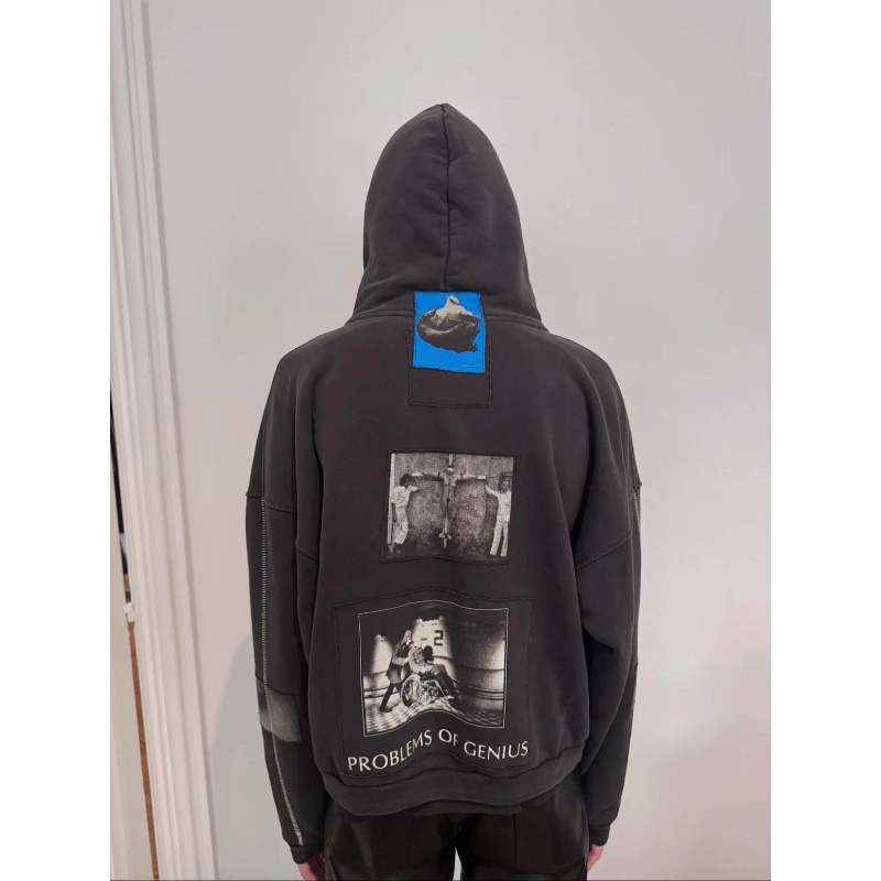 Heavyweight 480g ERD distressed wash vintage hooded sweatshirt with appliqué print, loose fit, and zipper closure