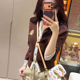 跨境学院风毛衣女秋冬外穿设计感上衣韩系V领针织开衫撞色高级感
