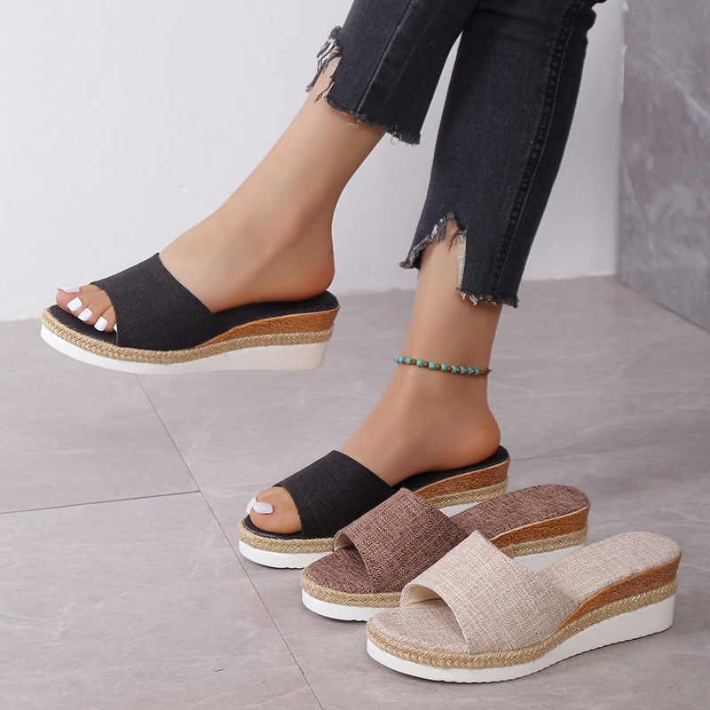 Women's Casual Rope Flip Flops, Summer Export Wedge Heel Plus Size Sandals, Thick Soled Fabric Platform Shoes_voghion.com