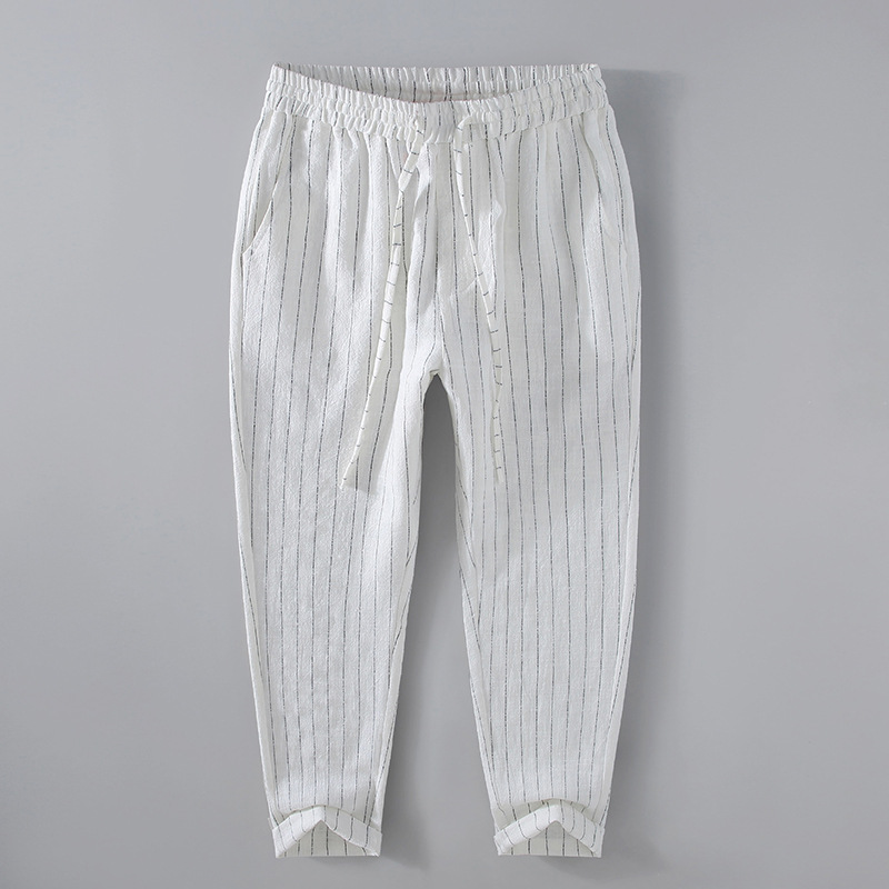 Spring New Men's Cotton and Hemp Thin Breathable Casual Versatile Loose Hemp Harlen Pants Small Feet Crop Pants_voghion.com