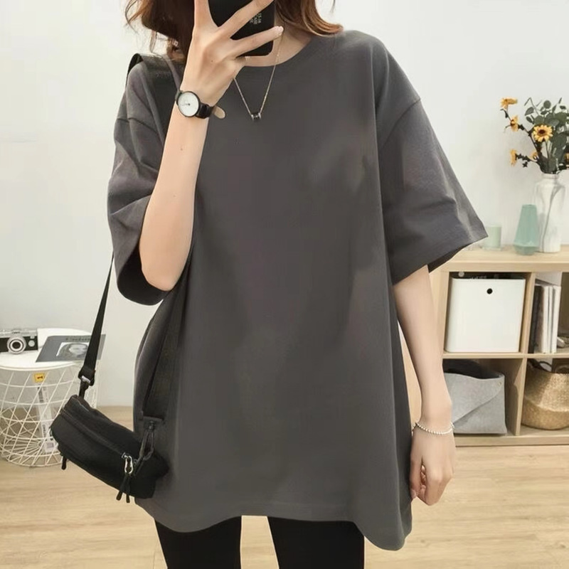 200g cotton mid-length T-shirt large size fat mm Women's 2023 Summer loose solid color short sleeve t-shirt for men and women