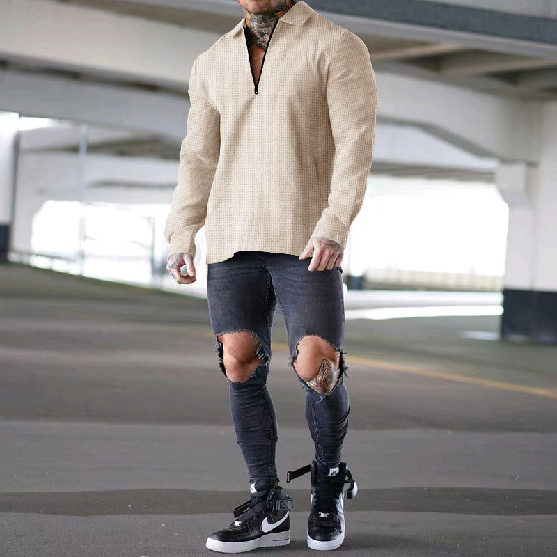 2024 Men's Half Zippered Waffle Thin Dress with Relaxed Short Sleeve Polo Collar_voghion.com