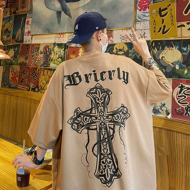 Cross T-shirt men's short-sleeved design sense niche summer trendy men's matching trendy handsome clothes ins trendy brand all-matching Cross T-shirt men's short-sleeved design sense niche summer trendy men's matching trendy handsome clothes ins trendy brand all-matching