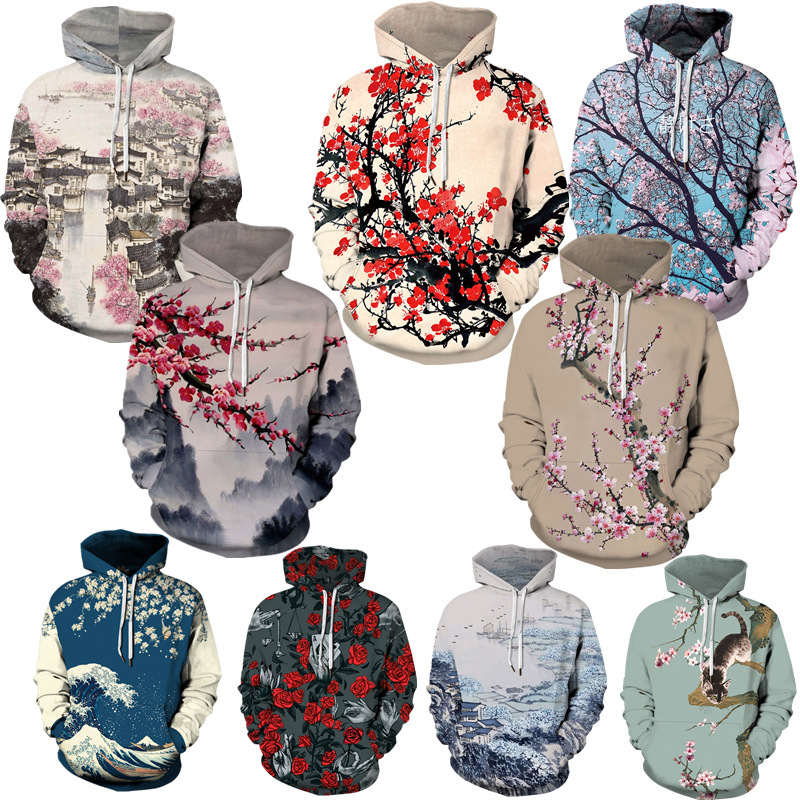 Plum blossom landscape painting new men's and women's adult hooded sweater 3D digital printing peripheral cos pullover coat