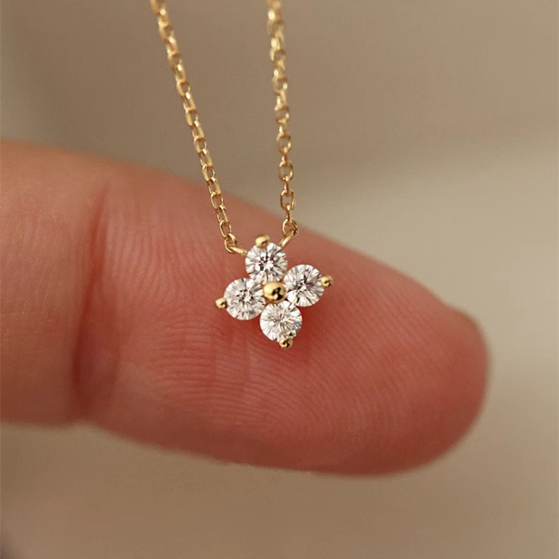 Cross-Border Ins Small Four-Leaf Clover Zircon Necklace for Women, Full Diamond, Light Luxury, Versatile, High-End Feel, Non-Fading, 18K Gold Set