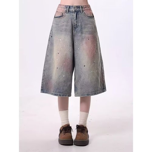 Vintage American Streetwear Relaxed Women's Summer Washed Retro Straight Leg Pants Ink Splash High Street Loose Seven-Eighth Pants
