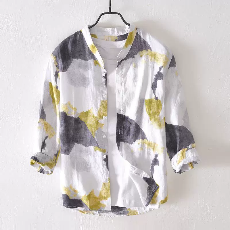 772 Свежая Повседневная льняная рубашка в японском стиле с принтом облаков и ореолом, воротник-стойка, Цветочная рубашка с длинными рукавами, Мужская цельная доставка