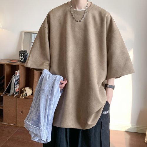 Simple Color Korean Cowhide Fleece Round Neck Short Sleeve T-Shirt Summer New Men and Women's Large Size Loose Matchy Top