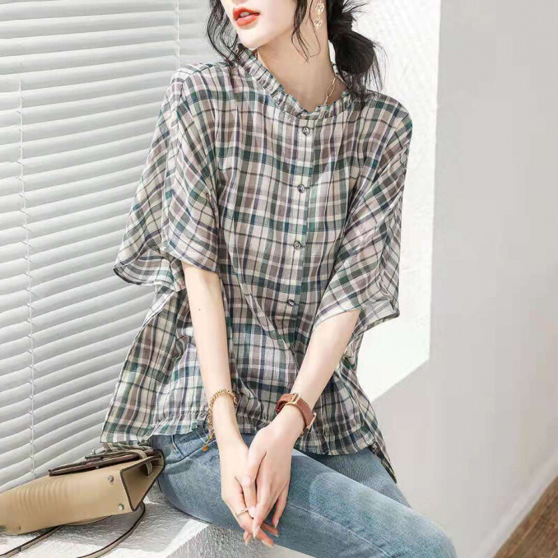 2024 Summer plus size Loose Shirt T-shirt Lace Irregular Mid-length Cotton Linen Plaid Top for Women