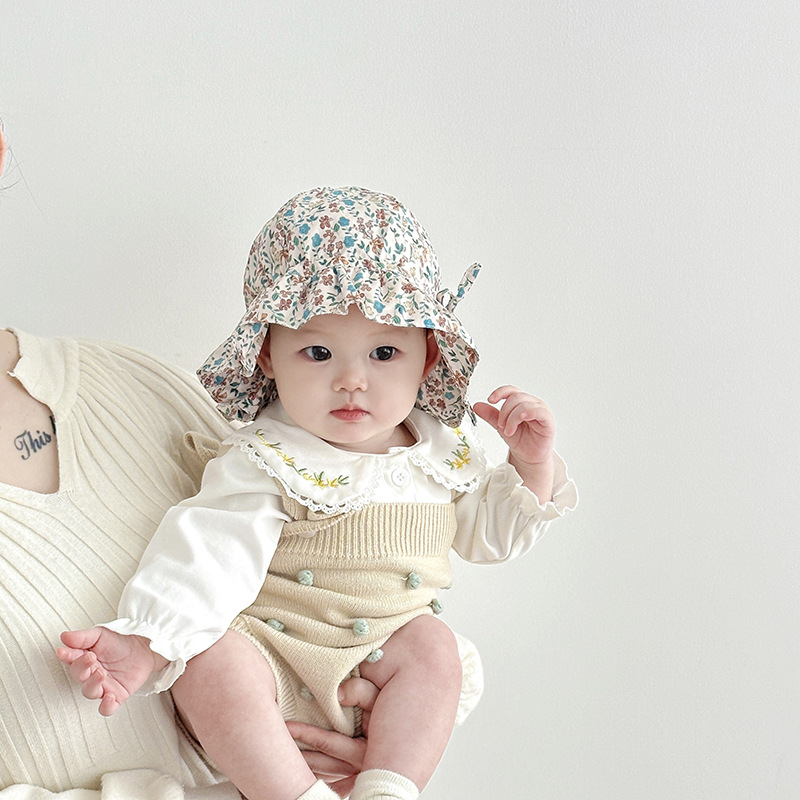 Sombrero para bebés primavera y otoño delgado coreano sombrero de pescador de gran bisel ajustable para bebés pequeños meses sombrero de cuenca