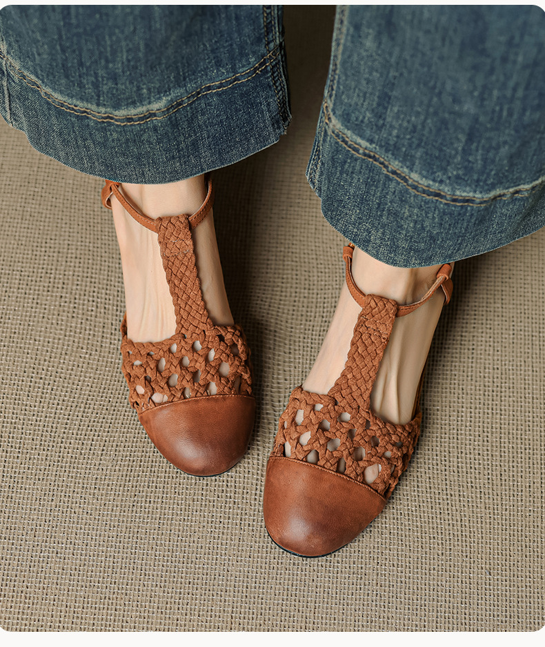 Sandal nữ quai ngang gót thô 5 cm, dây đan kiểu La Mã — màu nâu chi tiết 12