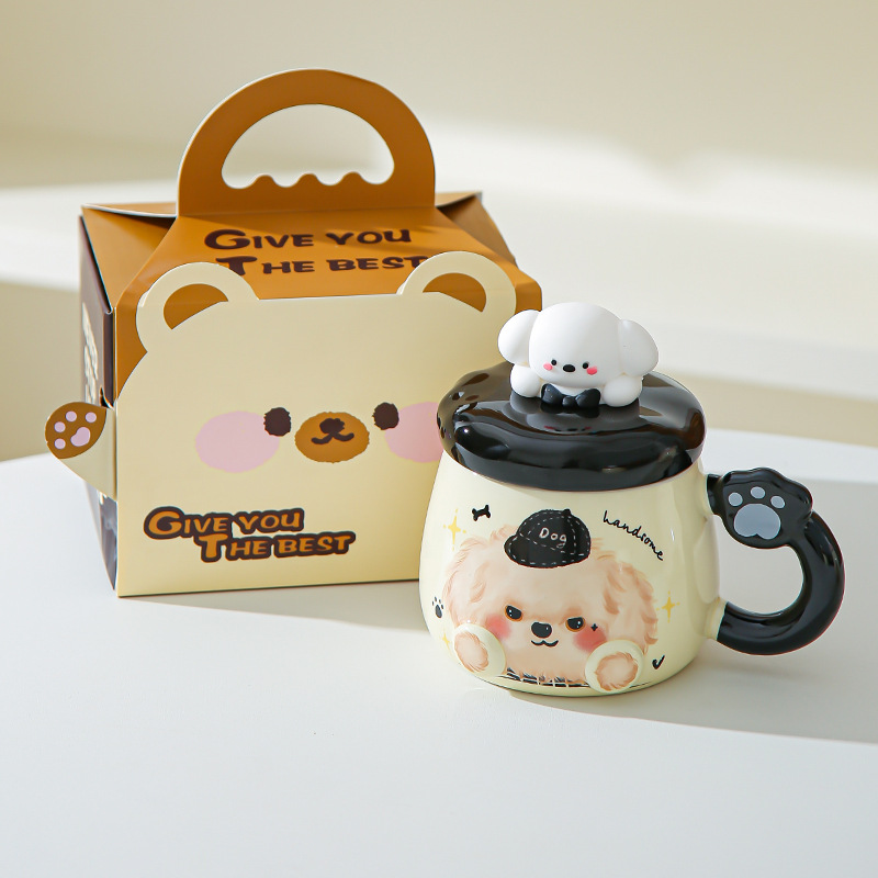 Taza de cerámica de alto valor nominal ins para cachorros con tapa para casa encantadora pareja taza de café para desayuno para acompañantes taza de regalo