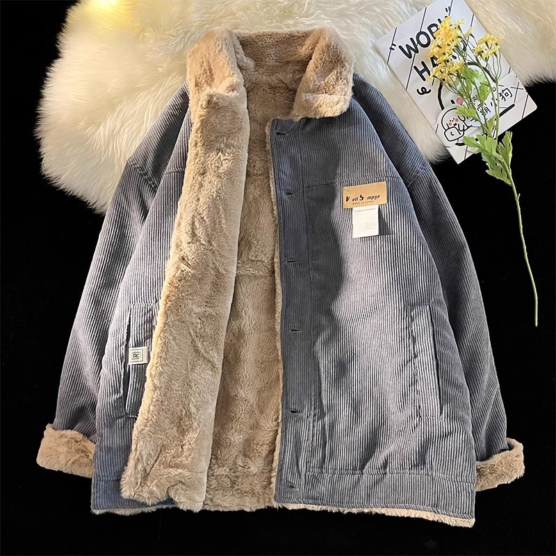 Etiqueta de pana moda hombre tendencia de invierno hombre solapa chaqueta acolchada de algodón suelta marca de moda japonesa chaqueta de pareja chaqueta