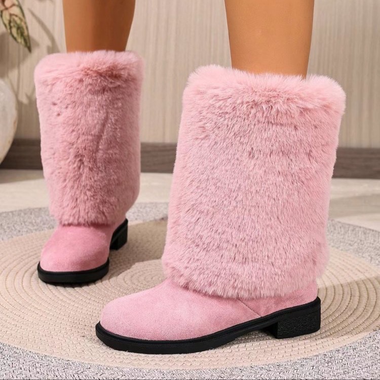 Warme Damen-Schneestiefel aus Wildleder mit runder Zehenpartie, gefüttert mit Baumwollfleece, mittelhoch, Winterstiefel_voghion.com