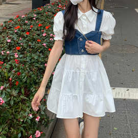 韩版学院风牛仔吊带背心设计感小众外穿衬衫连衣裙子两件套装女夏