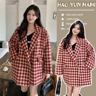 in stock maternity winter 2024 new red checkerboard pregnant women woolen coat thickened pregnant women fried street coat