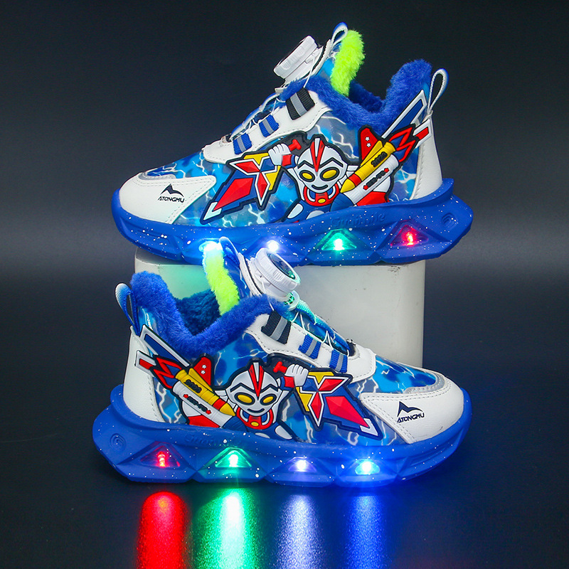 带灯2025春秋新款皮面保暖男童鞋中小童男孩跑步鞋旋转纽扣运动