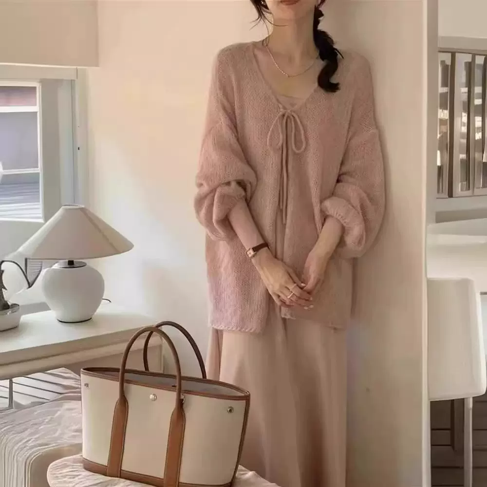 慵懒风软糯中长款马海毛针织开衫女春秋v领毛衣外套温柔上衣