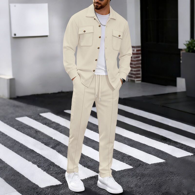 Amazon's New Cross-Border Men's Casual Waffle Solid Color Workwear Jacket with Lapel Collar and Long Pants Two-Piece Set
