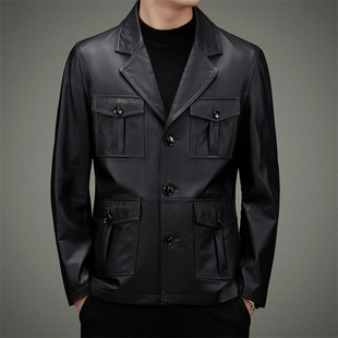 Men's first layer cowhide suit collar leather jacket leather jacket multi-pocket overcoat business casual leather jacket