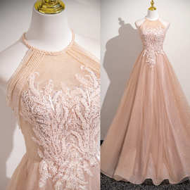 晚礼服粉色挂脖女春秋新款生日宴会结婚订婚裙声乐高端年会主持人