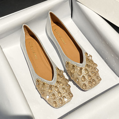 水鑽單鞋淺口軟底仙女飄鞋內增高方頭平底鞋女春秋大碼41-43