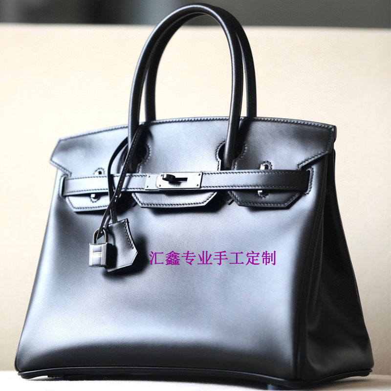 鑫豪華家純手作りワックス糸BKプラチナバッグ30cm黒色光沢面BOX革ハンドバッグ本革女性バッグ|undefined