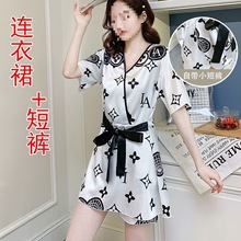 大码胖妹冰丝睡裙女夏薄款性感格子学生日式和服带短裤连衣裙睡衣