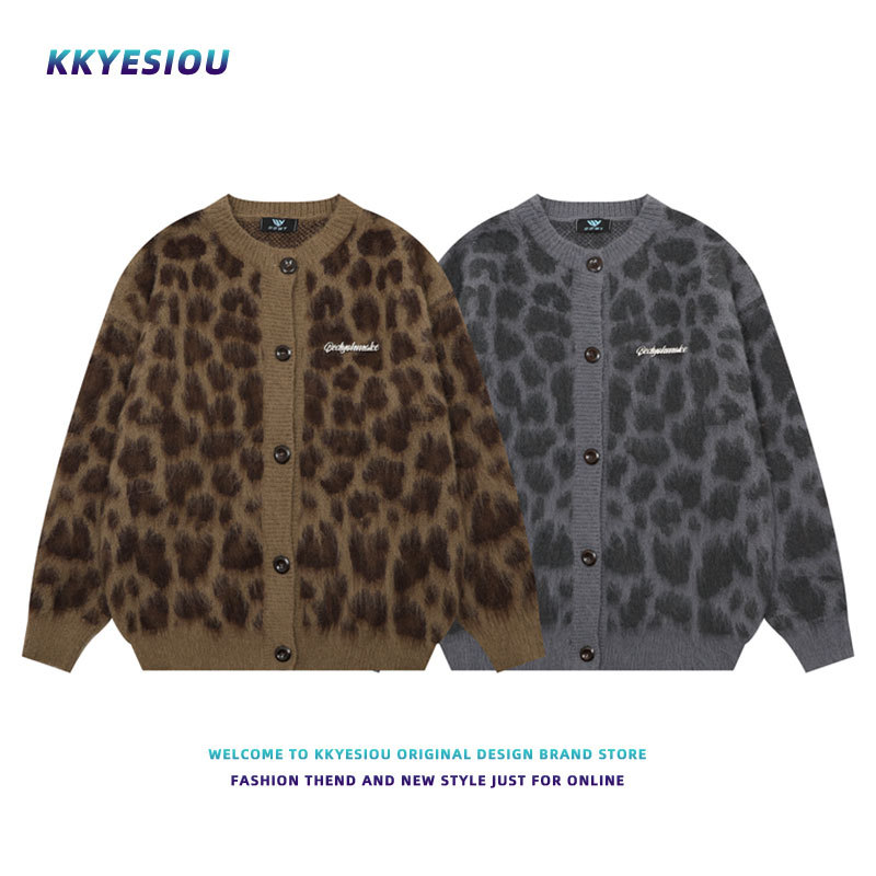 KKYESIOU 미국 레트로 레오파드 디자인 니트 카디건 남녀 틈새 게으른 하이 엔드 커플 재킷