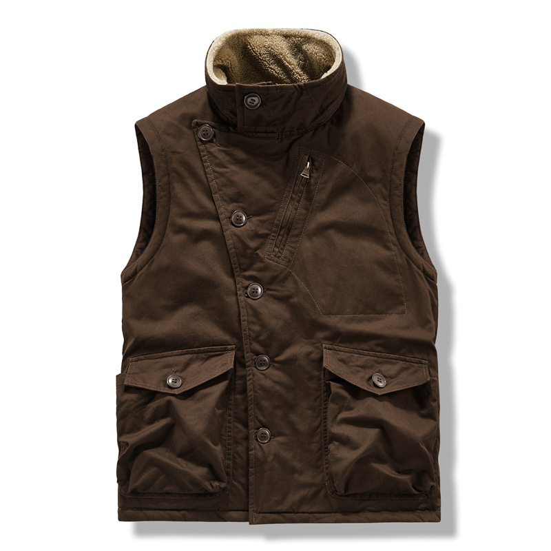 Old-Fashioned Fleece-Lined Collared Vest, Vintage World War Ii Jacket, Classic American Hunting Style Single-Breasted Diagonal Chest Vest Coat Old-Fashioned Fleece-Lined Collared Vest, Vintage World War Ii Jacket, Classic American Hunting Style Single-Breasted Diagonal Chest Vest Coat