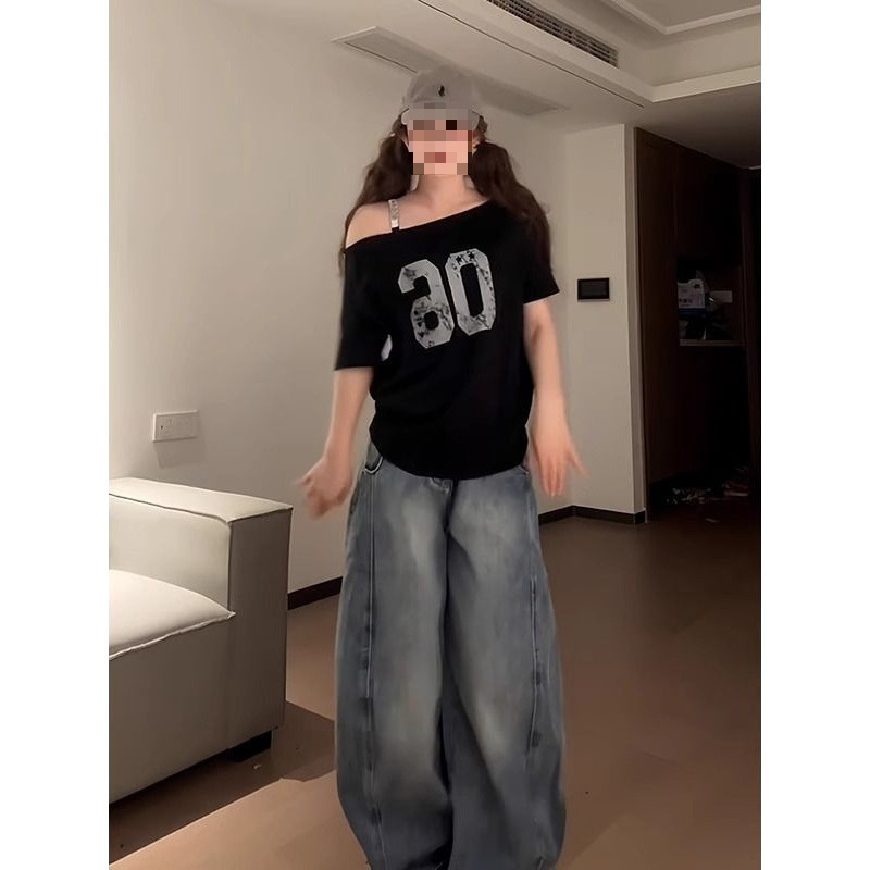 黒の斜め肩半袖レディース夏の新しいデジタルプリントオフショルダー Tシャツアメリカンホットガールルーズカジュアルトップトレンディ|undefined